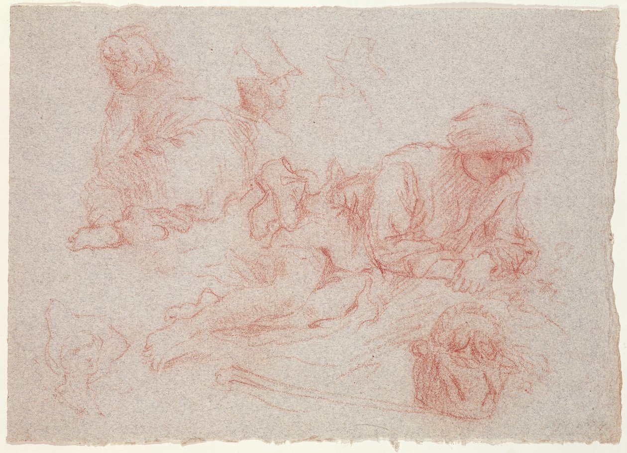 Studie av en liggende mann (rødt kritt på papir) av Jean Antoine Watteau