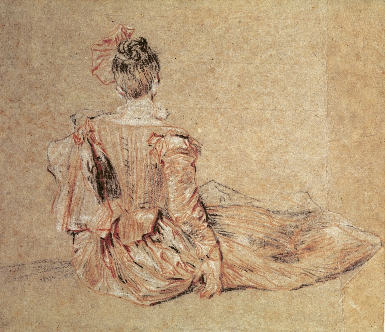 Studie av en kvinne sett fra baksiden, 1716-18 (kritt på papir) av Jean Antoine Watteau