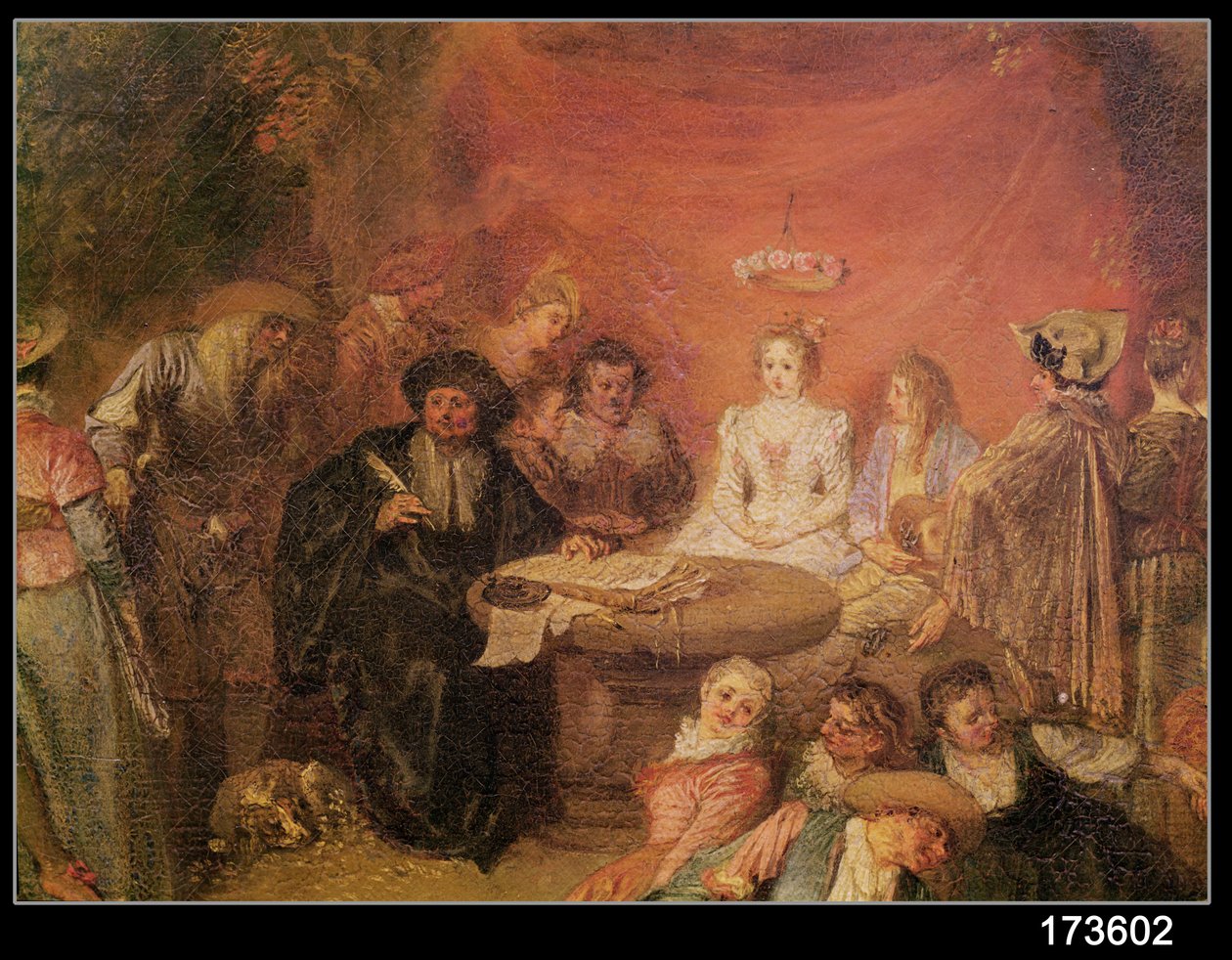 The Bride and Grooms Table, detalj fra The Marriage Contract, ca. 1712-13 (detalj av 38782) av Jean Antoine Watteau