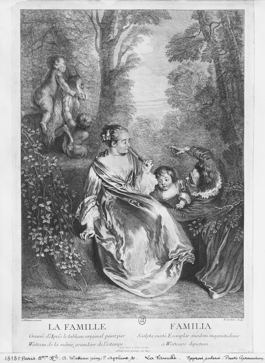 Familien, gravert av Pierre Aveline (ca. 1656-1722) av Jean Antoine Watteau