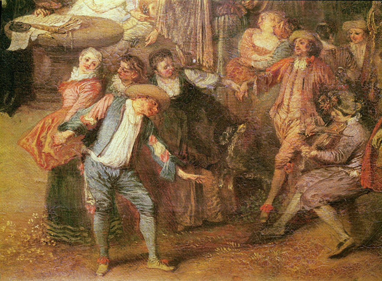 Ekteskapsavtalen og den rustikke ball-detaljen til danserne til høyre, ca. 1712-13 olje på lerret av Jean Antoine Watteau