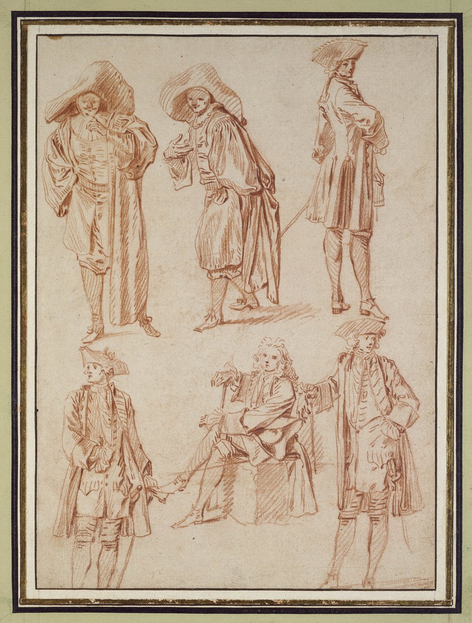 To studier av doktoren i den italienske komedien og fire offiserer, tre stående, en sittende (rødt kritt med penn og blekk og vask på papir) av Jean Antoine Watteau