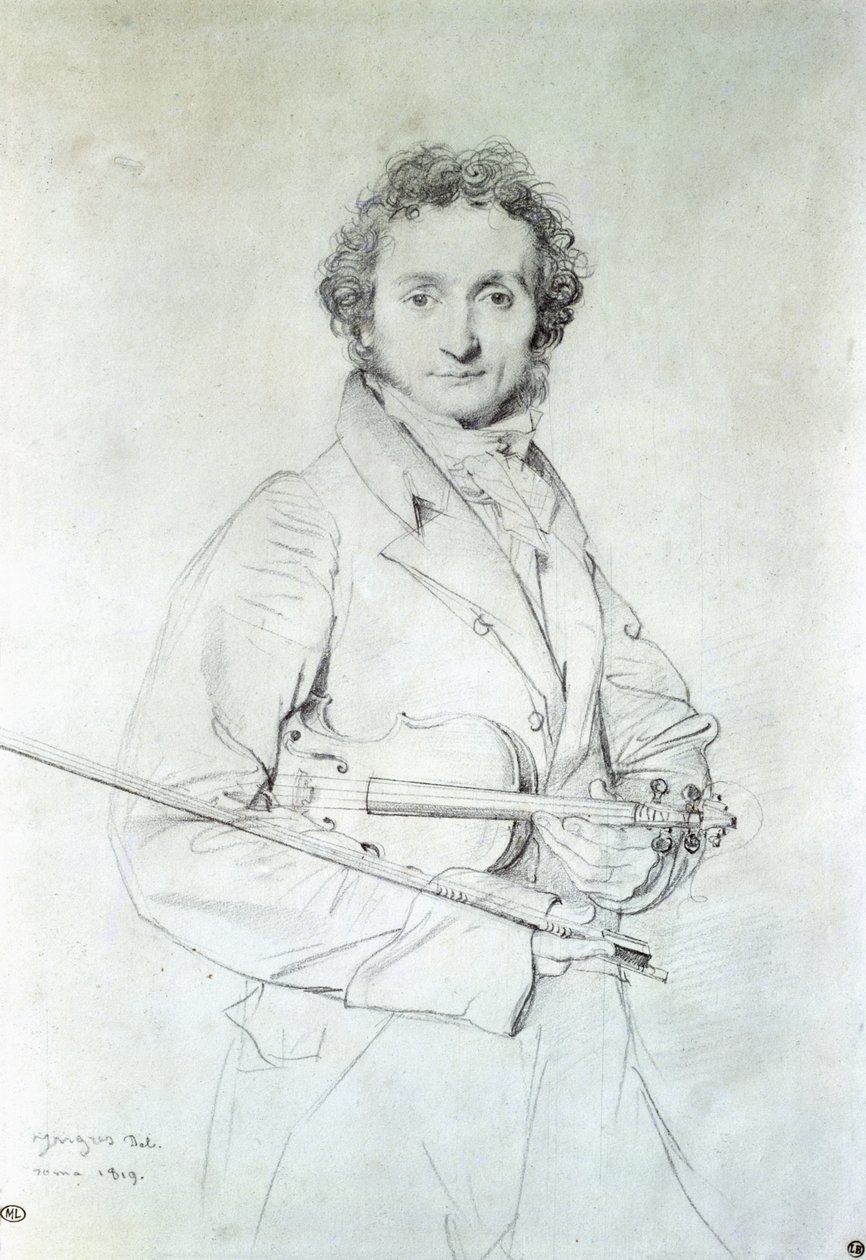 Portrett av Niccolo Paganini (1782-1840) 1819 (blyant på papir) av Jean Auguste Dominique Ingres
