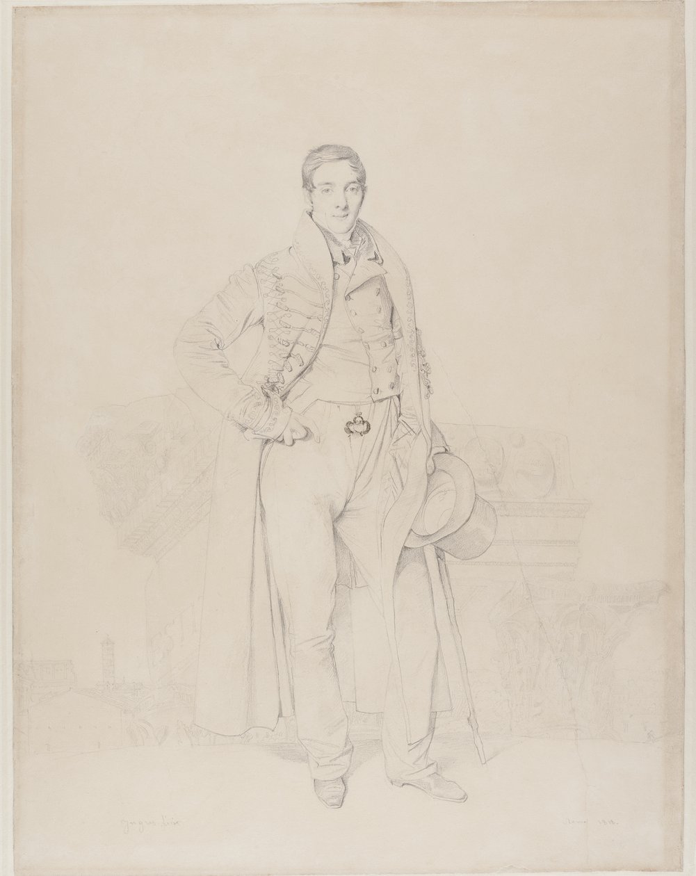 Portrett av arkitekten Alexandre Bénard, full lengde, med fragmenter av klassiske hovedsteder, Forum Romanum utover, 1818 (grafitt og kroppsfarge på kremvevd papir) av Jean Auguste Dominique Ingres