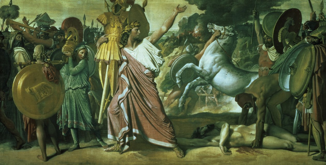 Romulus, erobreren av Acron, tok byttet sitt til Jupiter-tempelet, 1812 av Jean Auguste Dominique Ingres