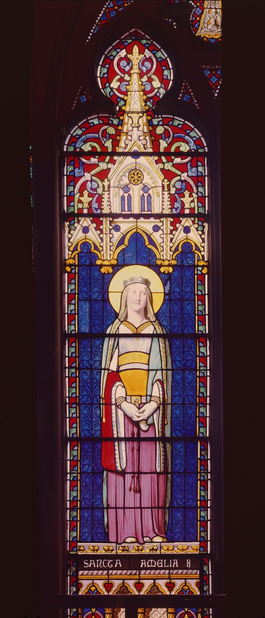 Vindu som viser Marie-Amelie de Bourbon-Sicile (1782-1866) som St. Amelia, Sevres Workshop (farget glass) av Jean Auguste Dominique Ingres