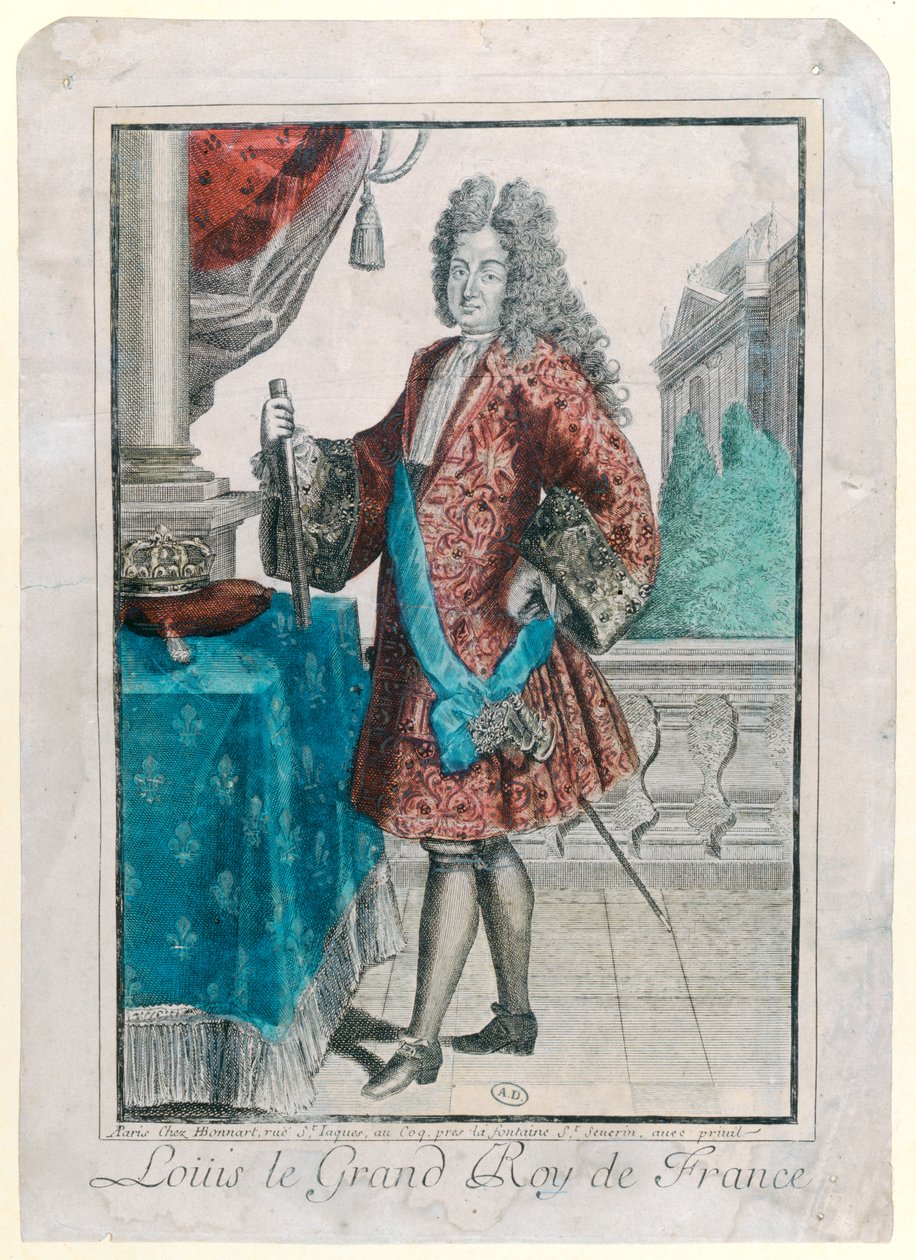 Louis XIV (1638-1715) konge av Frankrike, 1695 (håndfarget gravering) av Jean Baptiste Bonnart