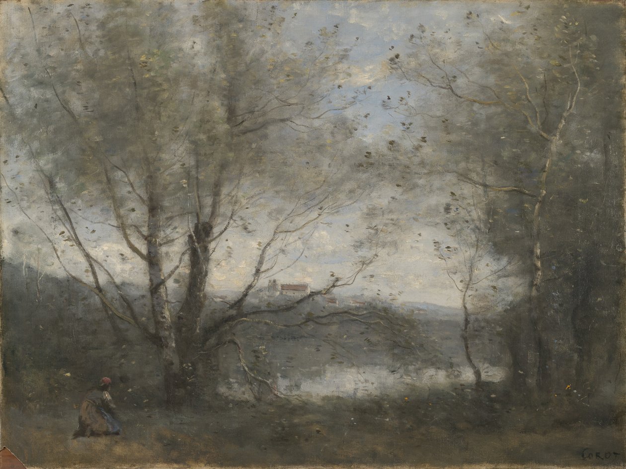 En dam sett gjennom trærne, ca. 1855-65 av Jean Baptiste Camille Corot