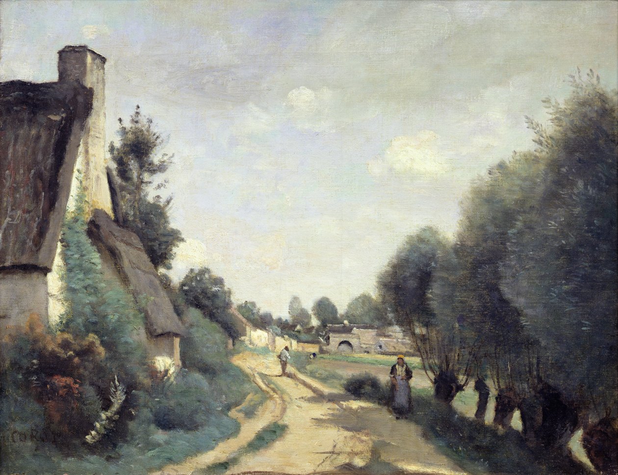 En vei nær Arras, eller hytter, ca. 1842 av Jean Baptiste Camille Corot