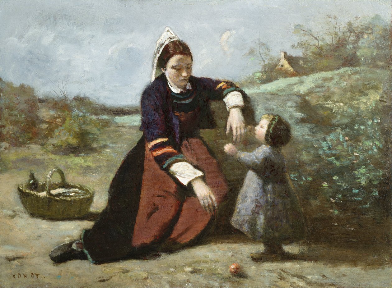 Bretonsk kvinne og hennes lille jente, 1855-65 av Jean Baptiste Camille Corot