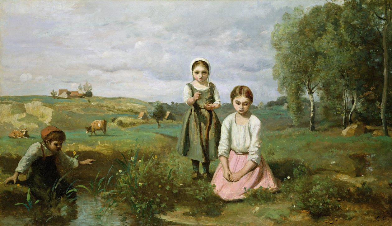 Barn ved en bekk på landsbygda, Lormes av Jean Baptiste Camille Corot