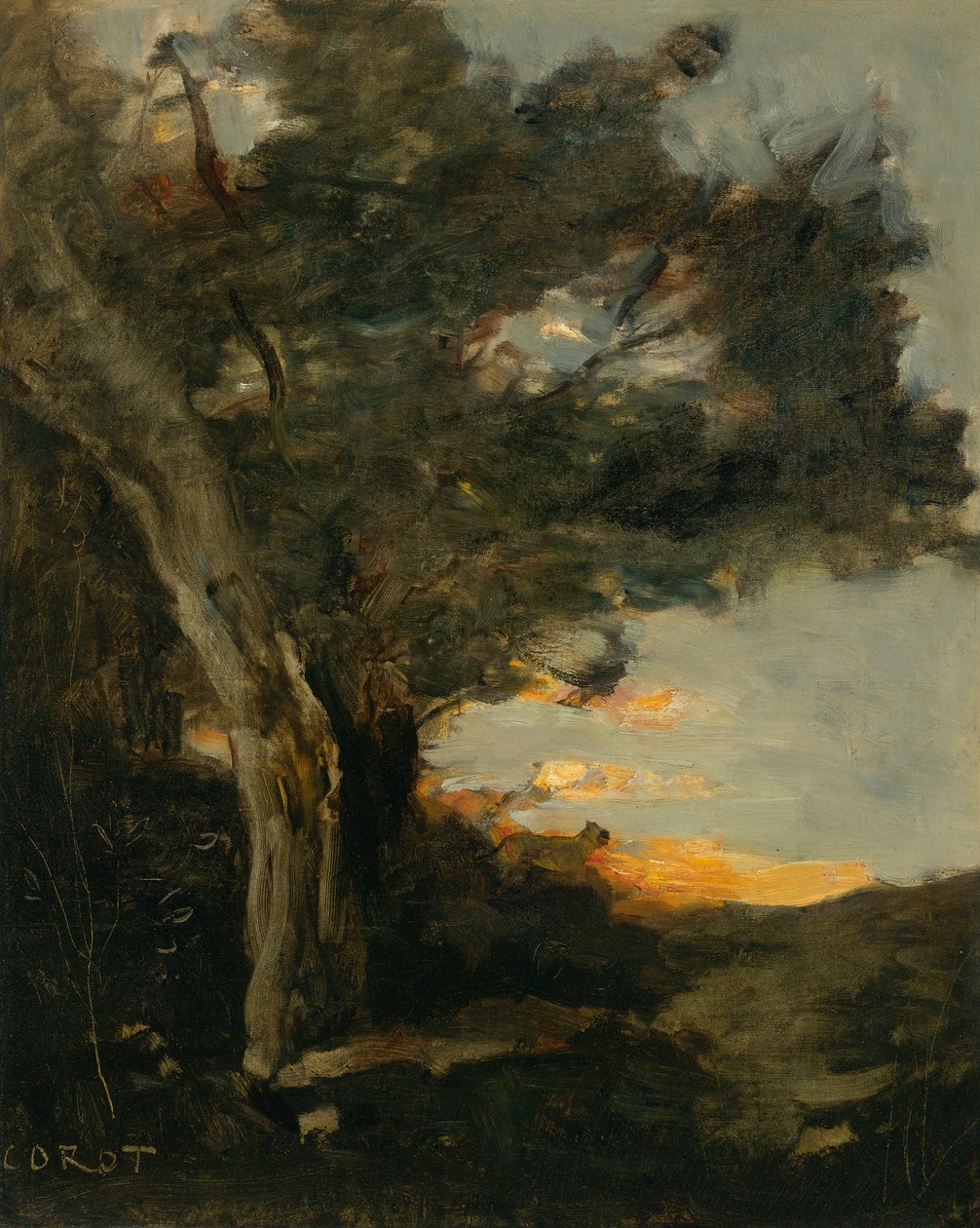 Solnedgang med en løvinne av Jean Baptiste Camille Corot