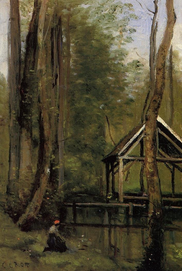 Fiskebod på Mathois nær Gournay en Bray av Jean Baptiste Camille Corot