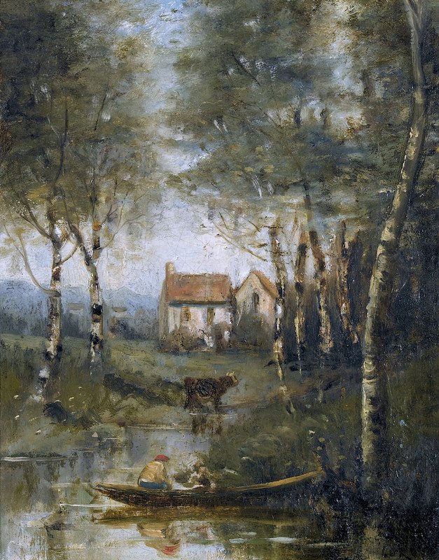 Elven med båt og huset av Jean-Baptiste-Camille Corot