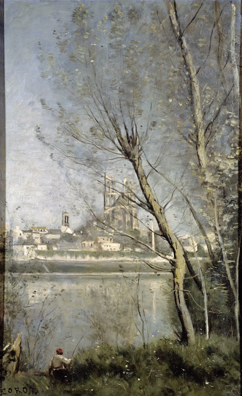 Mantes, utsikt over katedralen og byen gjennom trærne, ca. 1865-70 av Jean Baptiste Camille Corot