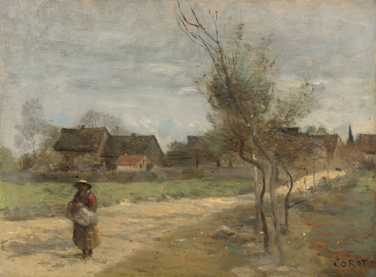 Bondekvinne på en vei med utsikt til en landsby av Jean Baptiste Camille Corot