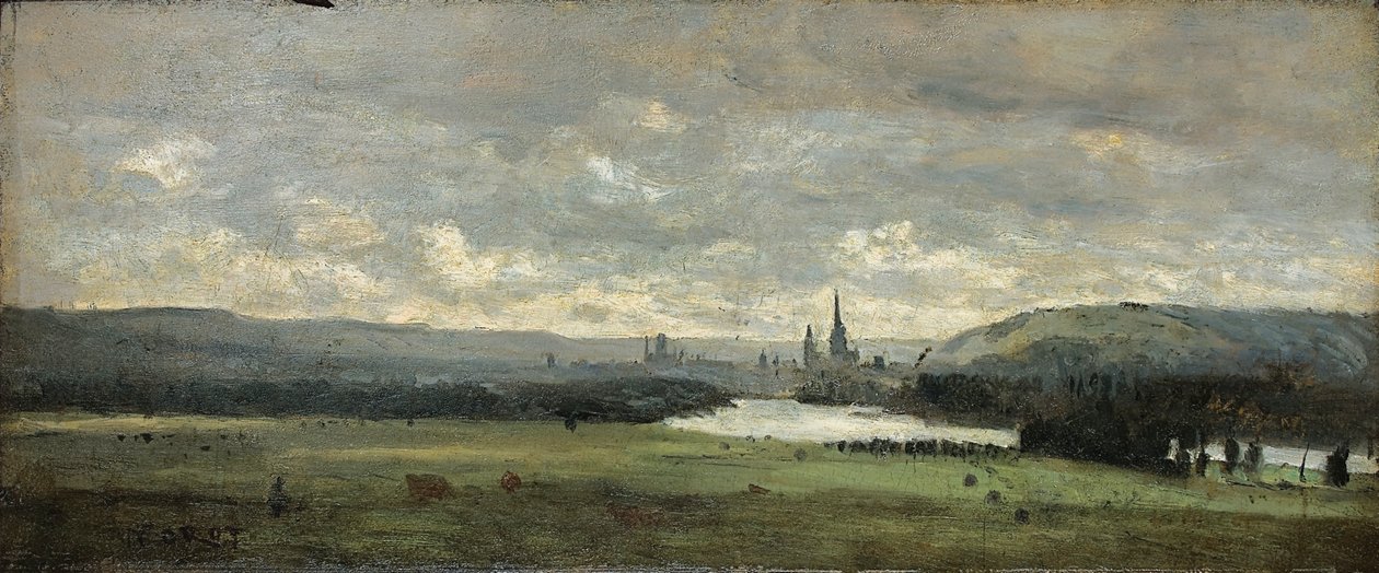 Rouen, panoramautsikt over Seinen i forgrunnen av Jean Baptiste Camille Corot