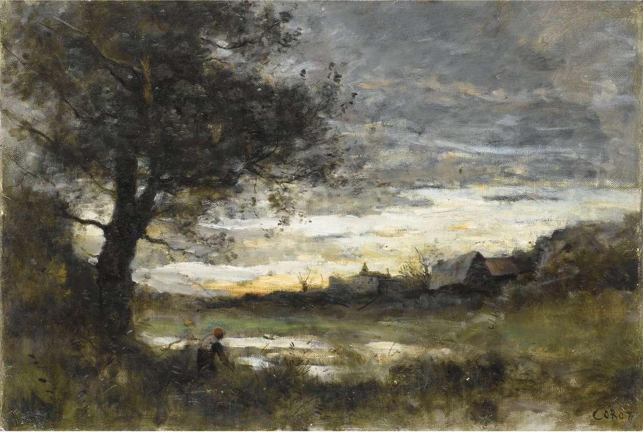 Suvenir fra Normandie, solnedgang av Jean Baptiste Camille Corot