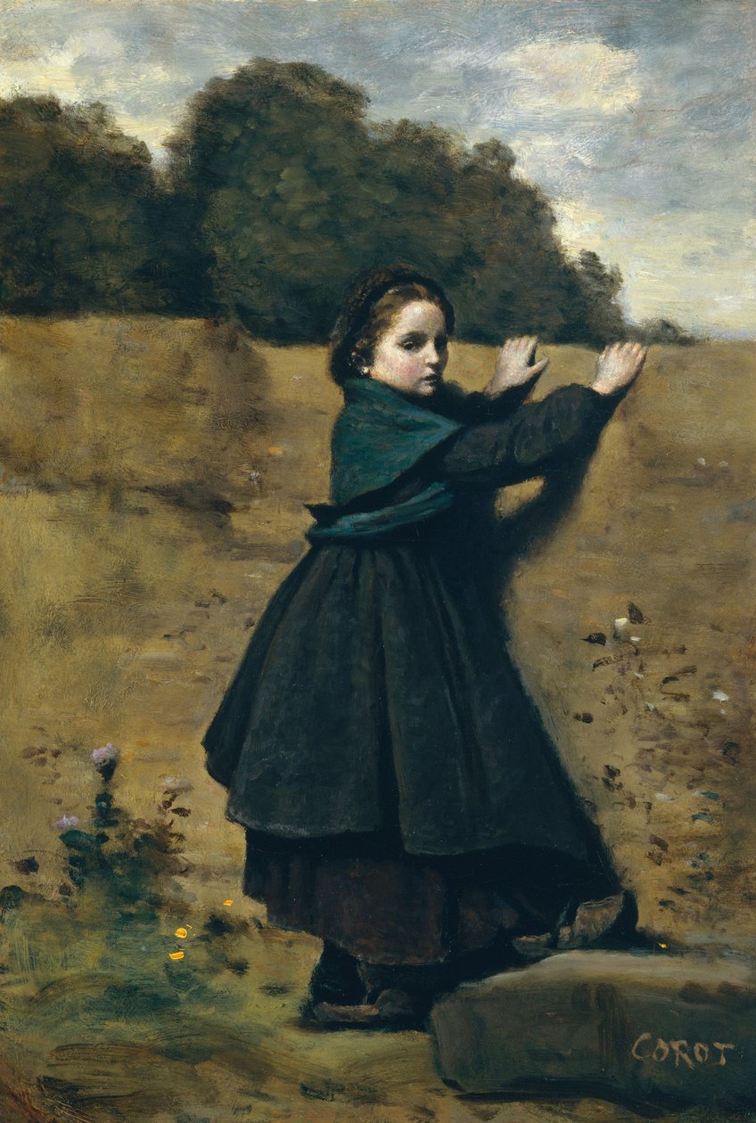 The Curious Little Girl, 1860-64 (olje på papp, lagt ned på tre) av Jean Baptiste Camille Corot