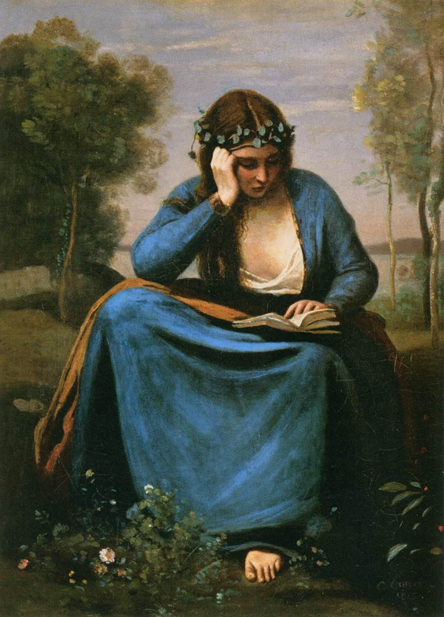 Leseren kranset med blomster av Jean Baptiste Camille Corot