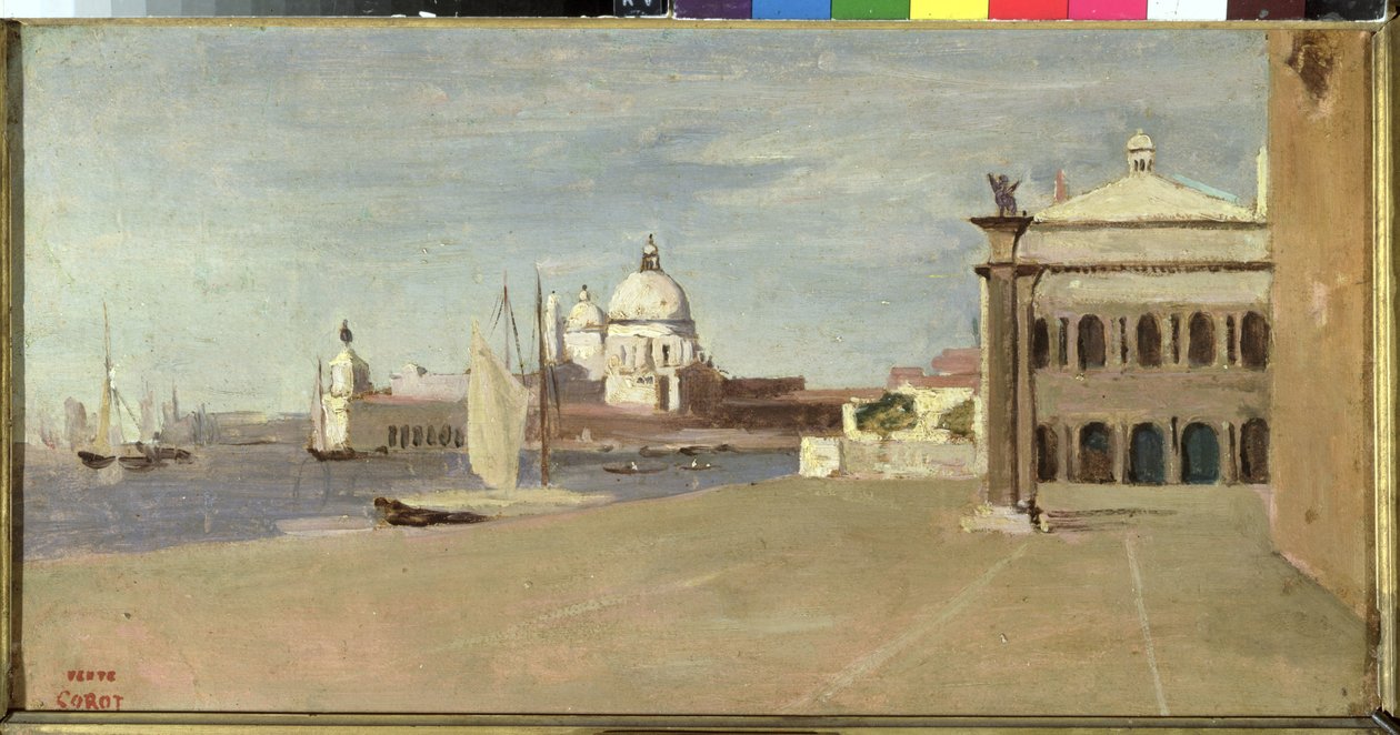 Utsikt over Canal Grande, Venezia, fra Riva degli Schiavone, 1828 (olje på papir lagt ned på lerret) av Jean Baptiste Camille Corot