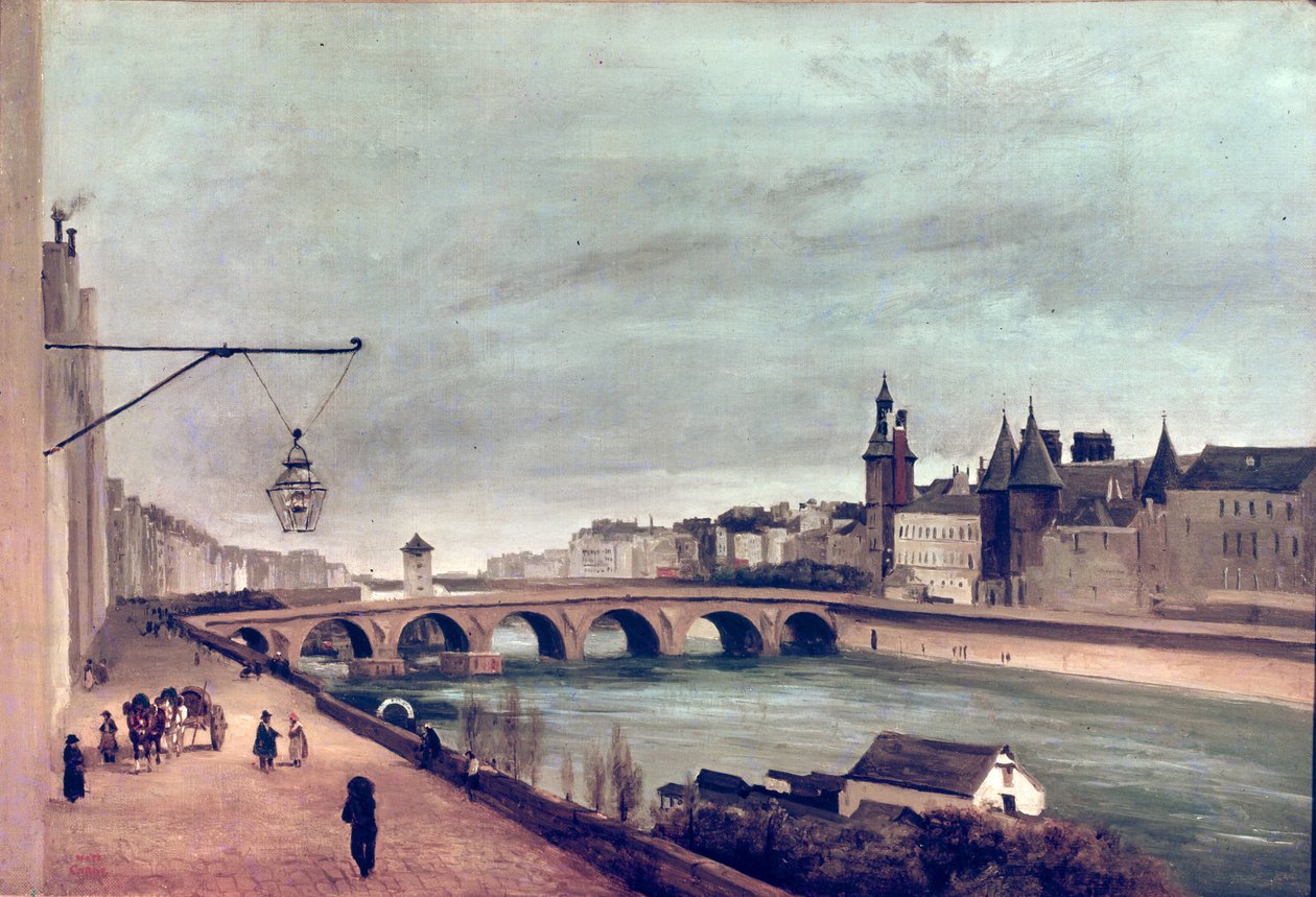 Utsikt over Pont au Change fra Quai de Gesvres, sommeren 1830 av Jean Baptiste Camille Corot