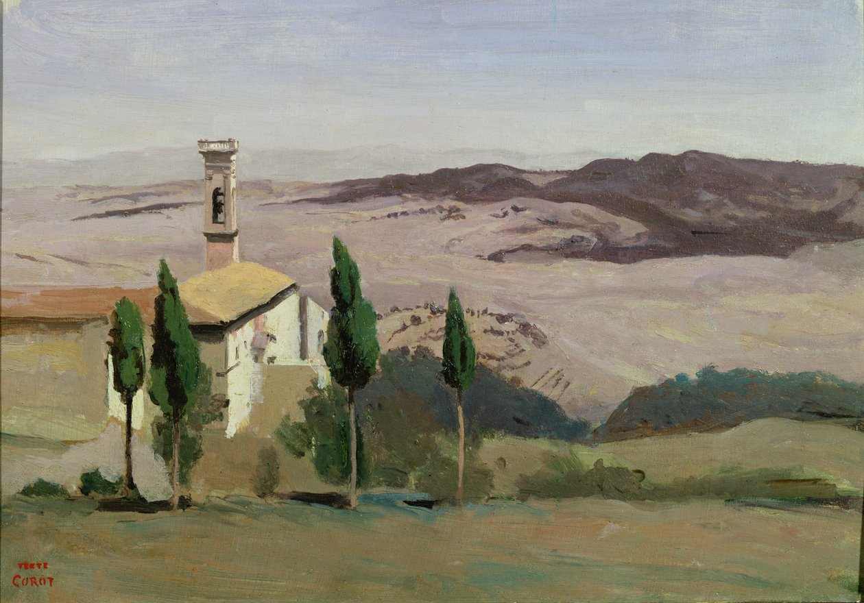 Volterra, kirke og klokketårn, 1834 av Jean Baptiste Camille Corot