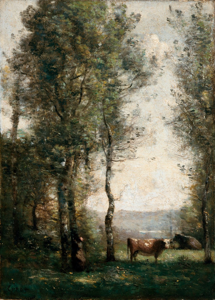 Skogsbevokst landskap med kyr i en lysning av Jean Baptiste Camille Corot