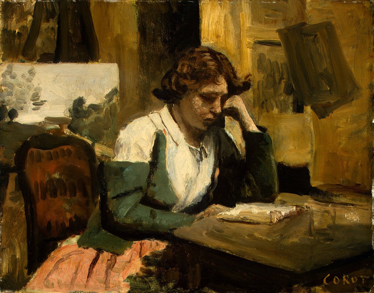 Ung jente som leser av Jean Baptiste Camille Corot