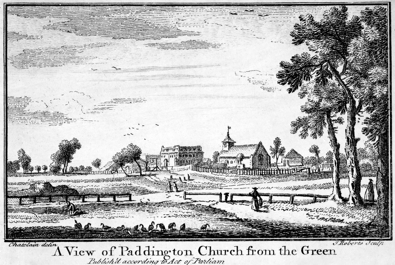 En utsikt over Paddington Church fra Green, ca. 1750 av Jean Baptiste Claude Chatelain