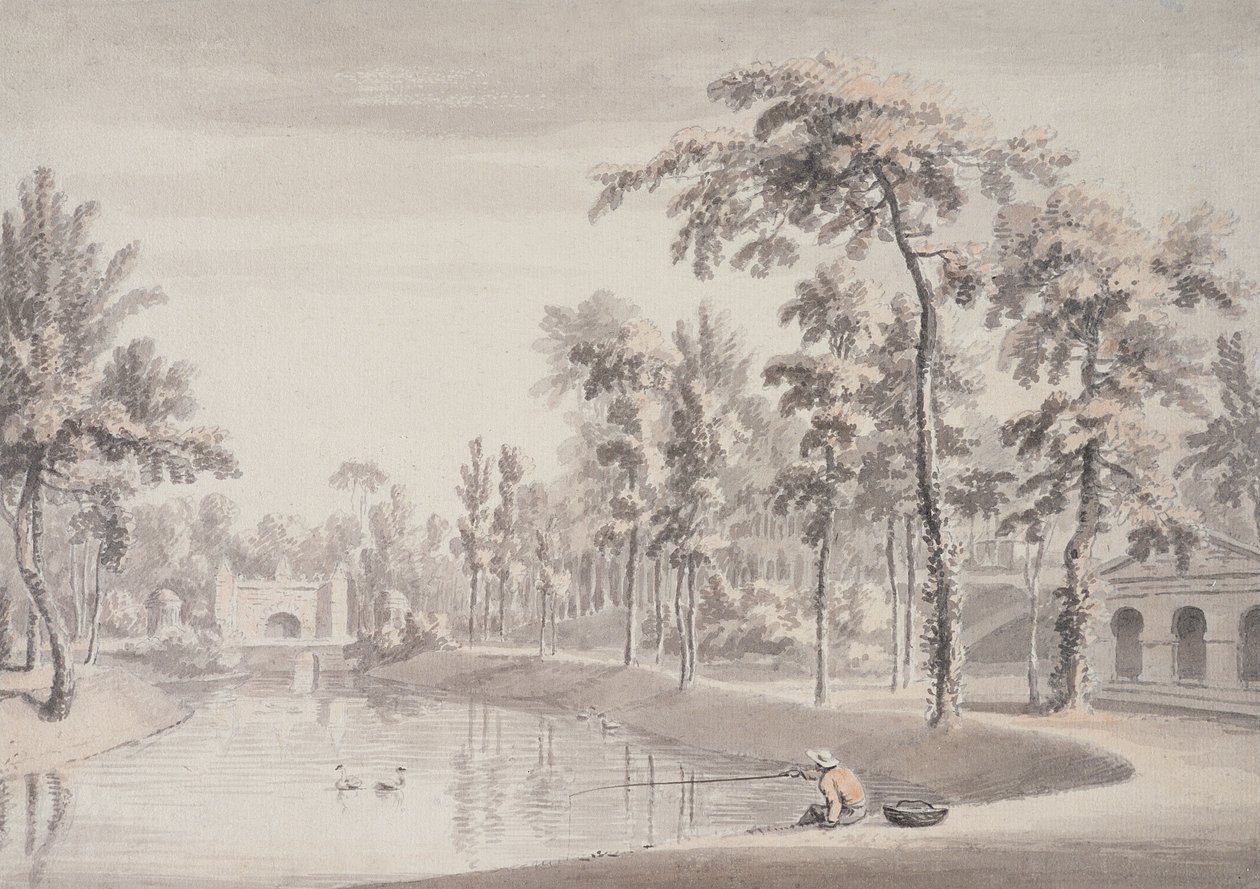 The Grotto and the Temple of Contemplation, Stowe, 1752 (penn og blekk med vask over grafitt på papir) av Jean Baptiste Claude Chatelain