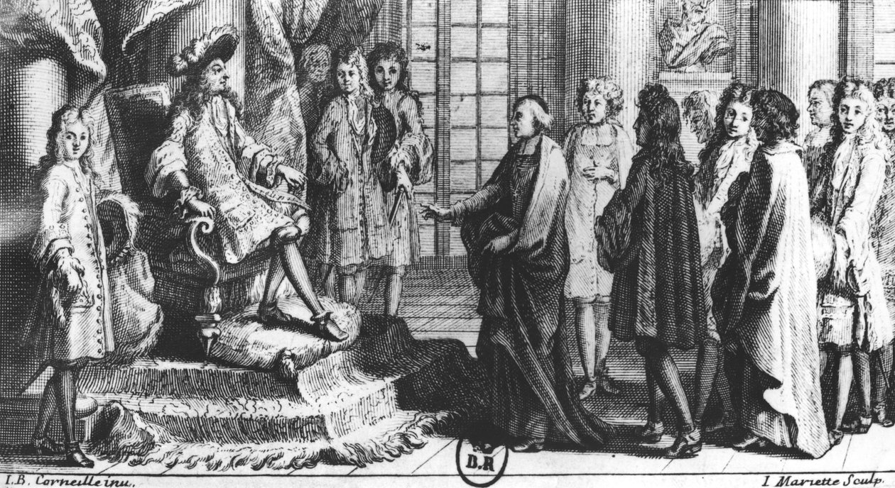 Medlemmer av det franske akademiet presenterer ordboken til Louis XIV (1638-1715) i 1694, gravert av Jean Mariette (1660-1742) av Jean Baptiste Corneille