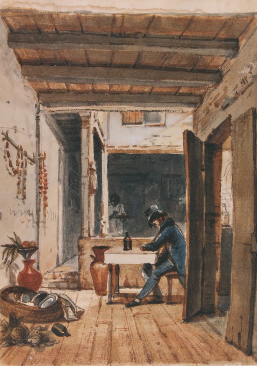 Akvarell av Debret, hvor han skildrer seg selv på et vertshus av Jean Baptiste Debret