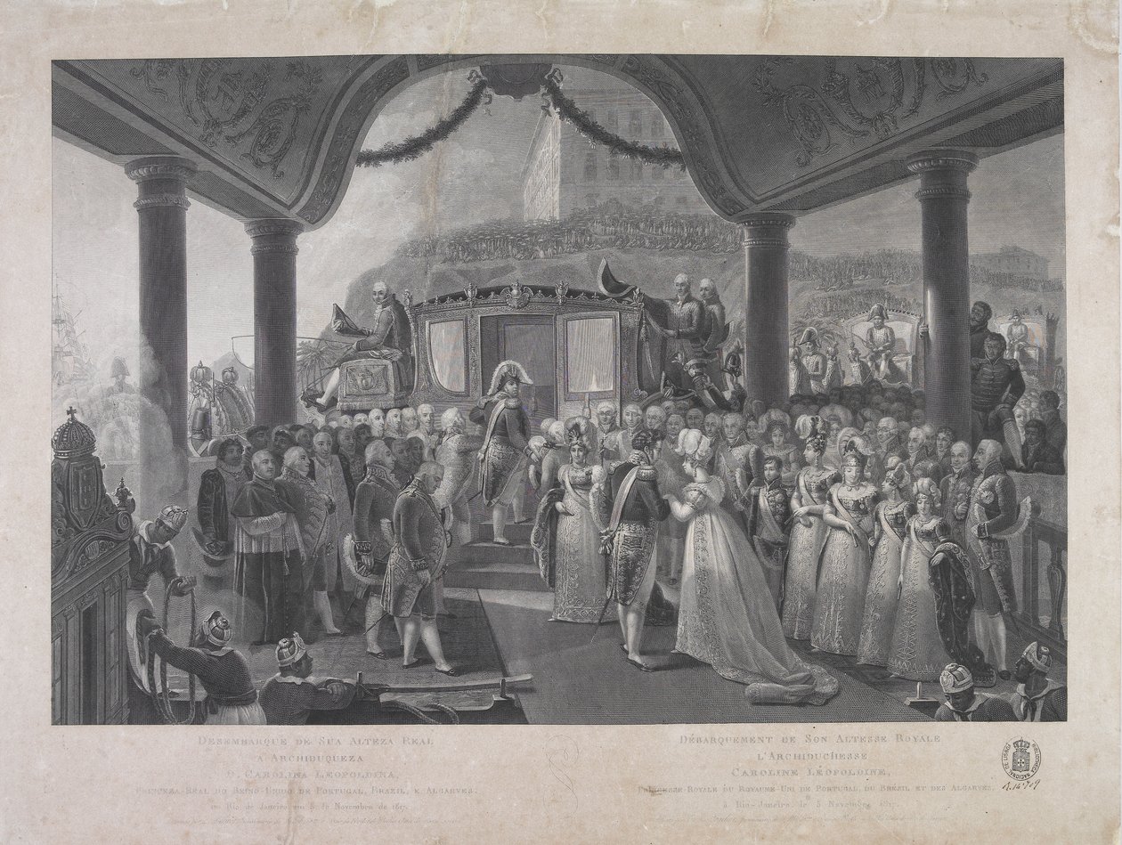Landingen av erkehertuginne D.H. Carolina Leopoldina, prinsesse Royal i Storbritannia, Portugal, Brasil og Algarves, i Rio de Janeiro 5. november 1817 av Jean Baptiste Debret