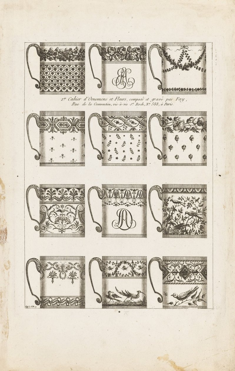 Design for sjokoladekopper, plate 1 fra 1st Cahier dOrnemens et Fleurs av Jean-Baptiste Fay