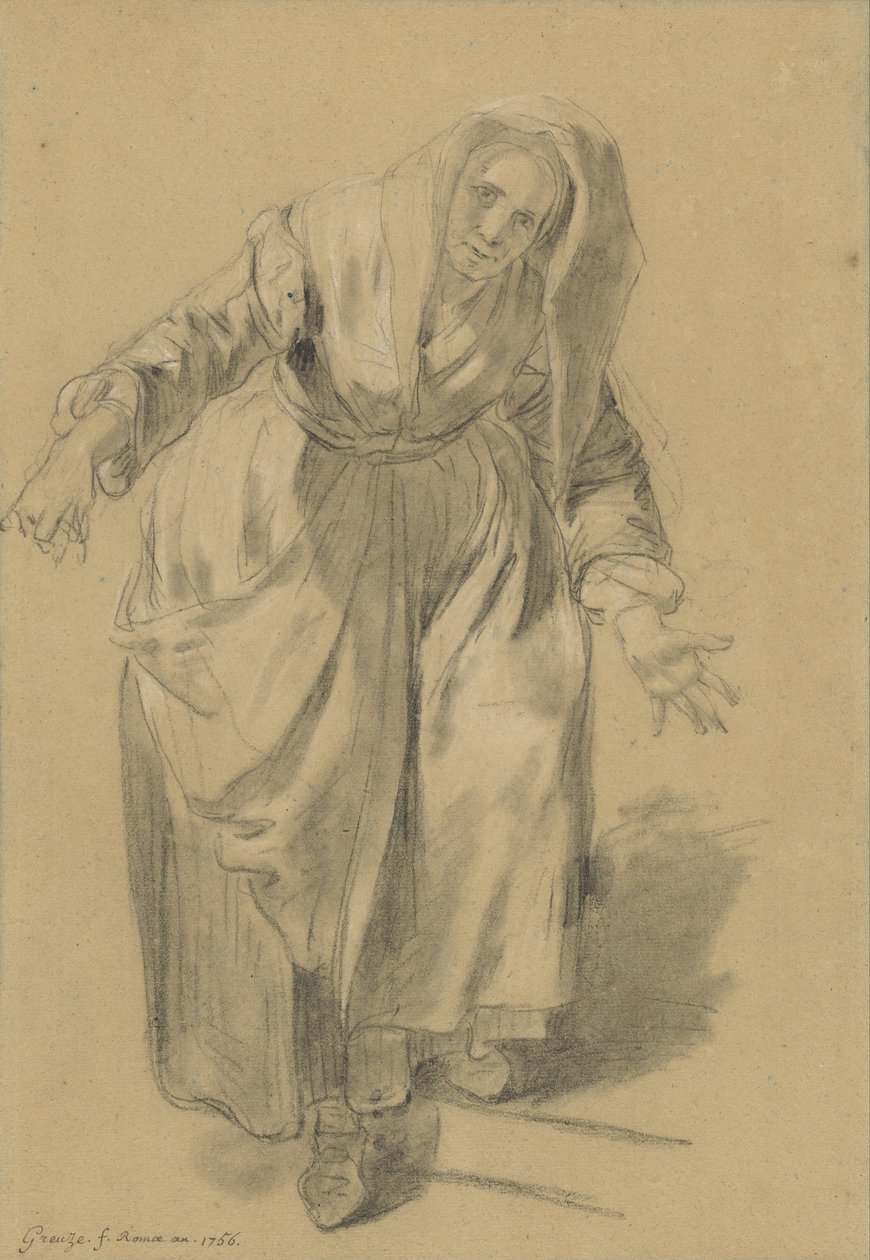 Gammel kvinne med utstrakte armer (studie for den napolitanske gesten) av Jean Baptiste Greuze