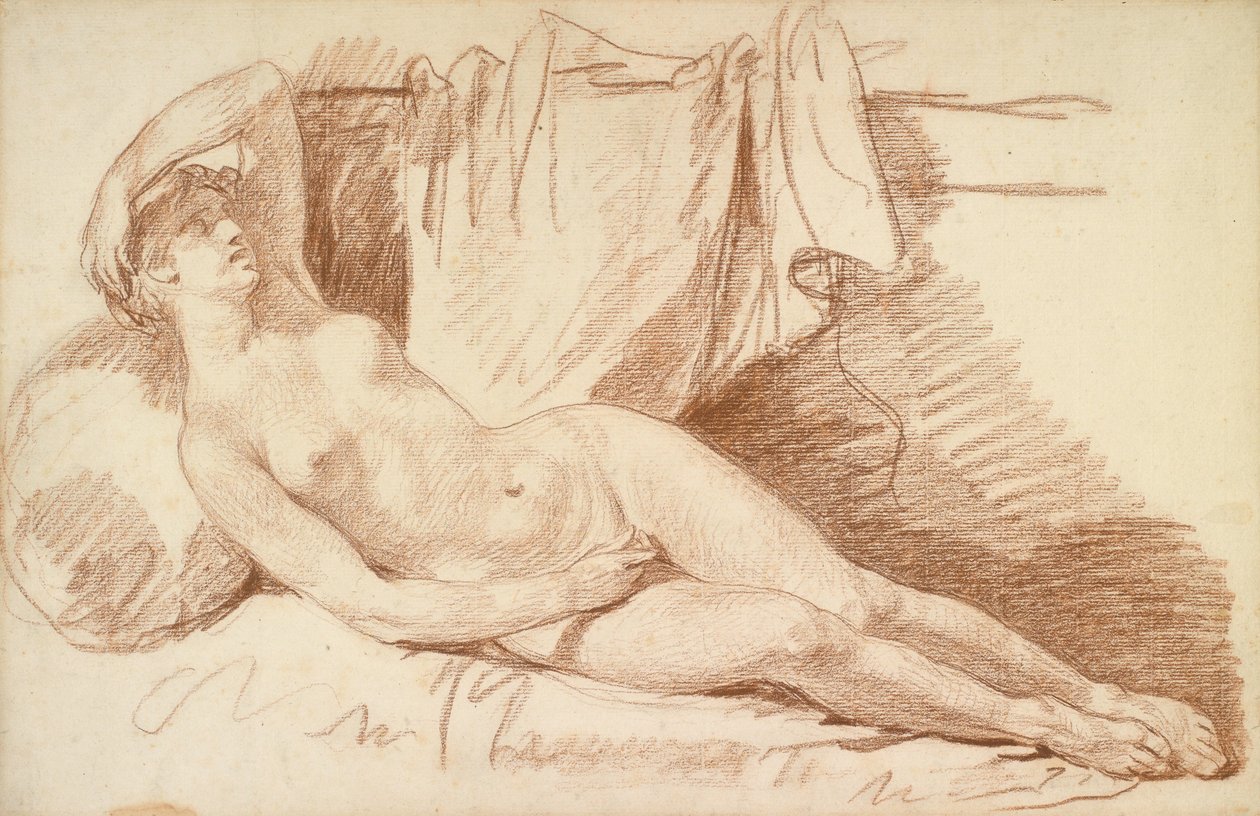 Reclining Female Naken: Studie for Egina besøkt av Jupiter, ca. 1767 (rødt kritt på lagt papir) av Jean Baptiste Greuze