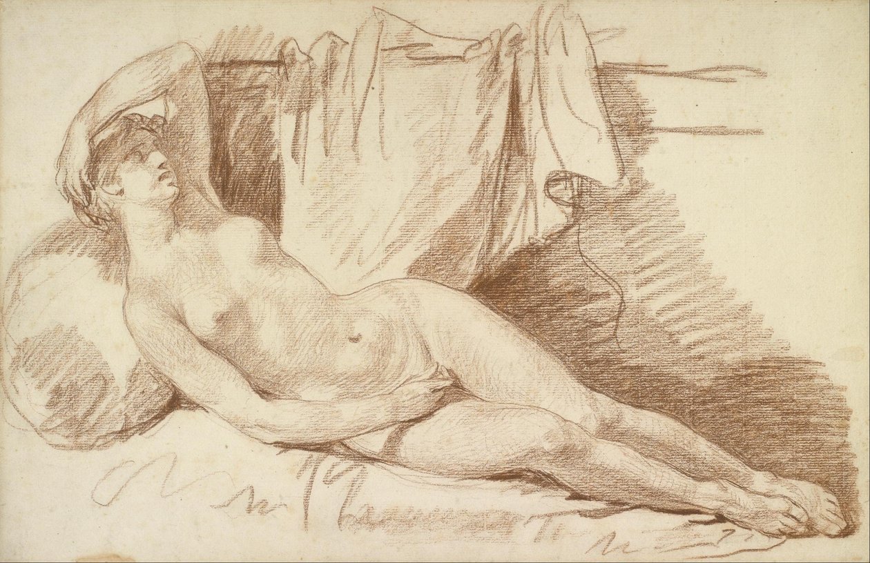 Liggende kvinnelig naken- Study for av Jean Baptiste Greuze