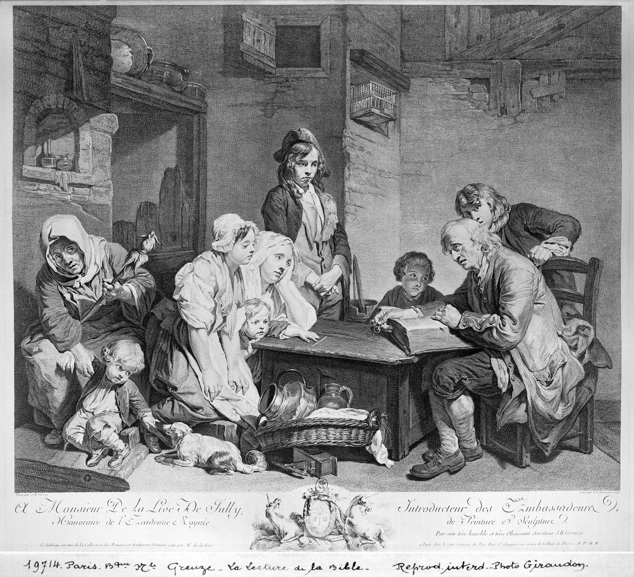 The Reading of the Bible, gravert av Pieter Franciscus Martenisie eller Martinasie (1729-89) 1759 av Jean Baptiste Greuze