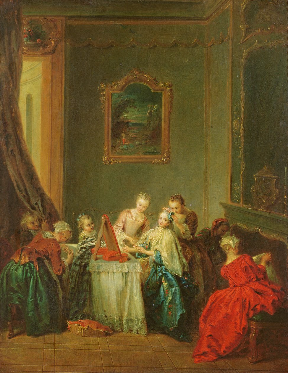 Toalettet: Ung kvinne ved sminkebordet hennes av Jean Baptiste Joseph Pater