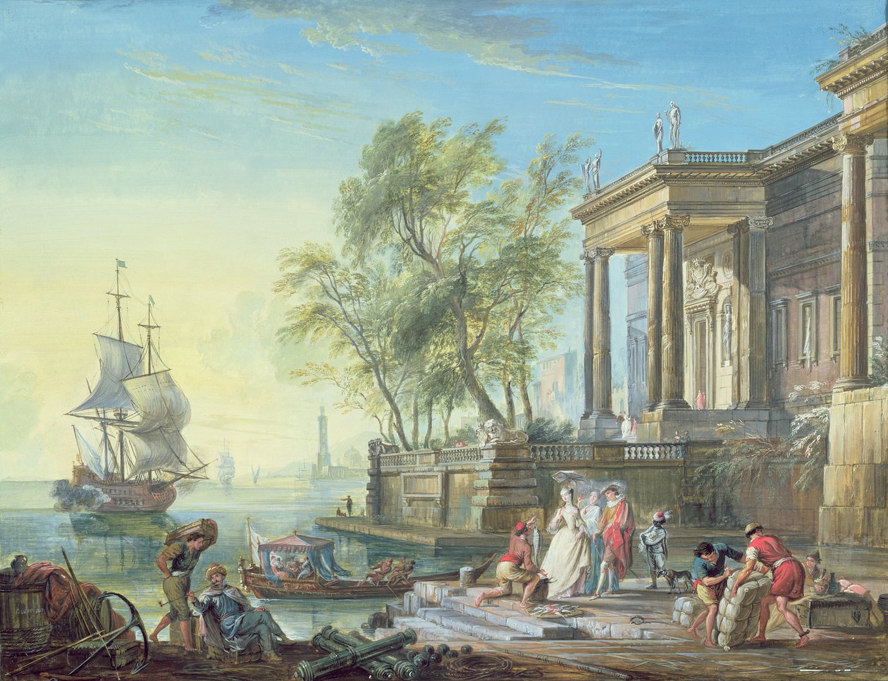 Havnescene med solnedgang av Jean Baptiste Lallemand