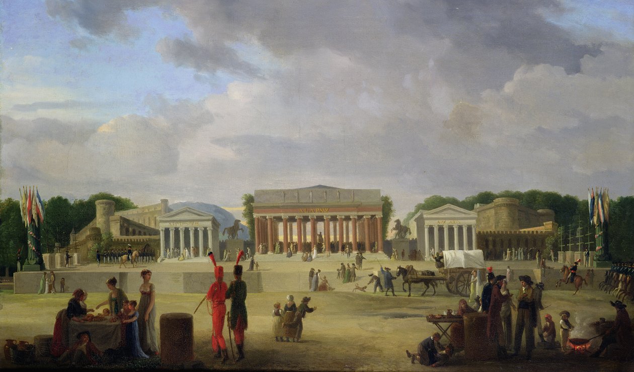 Utsikt over Grand Theatre bygget på Place de la Concorde for Fete de la Paix, 9. november 1801 av Jean Baptiste Louis Cazin