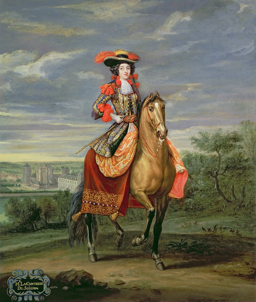 La Comtesse de Soissons rider med utsikt over Chateau de Vincennes av Jean Baptiste Martin