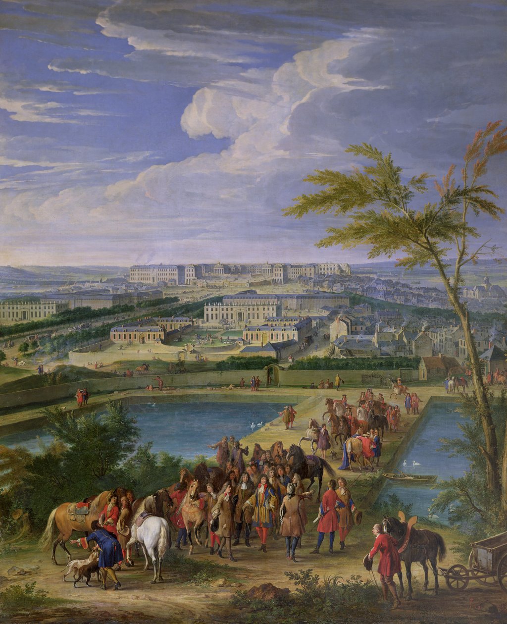 Byen og slottet i Versailles fra Butte de Montboron, der Louis XIV (1638-1715) med Louvois, Mansart og Le Notre så vannet komme fra Marly Machine inn i reservoarene, 1688 (oi av Jean Baptiste Martin