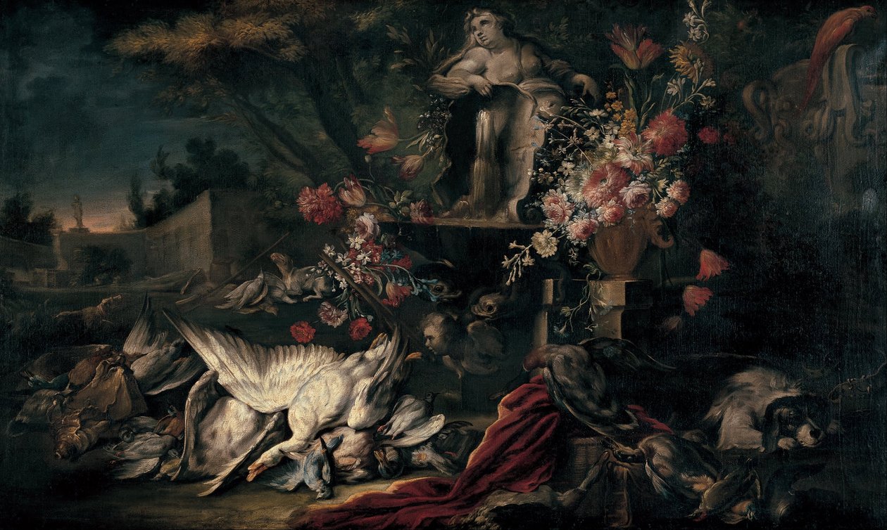 Dødsnatur med skyteutstyr og blomster I av Jean Baptiste Oudry