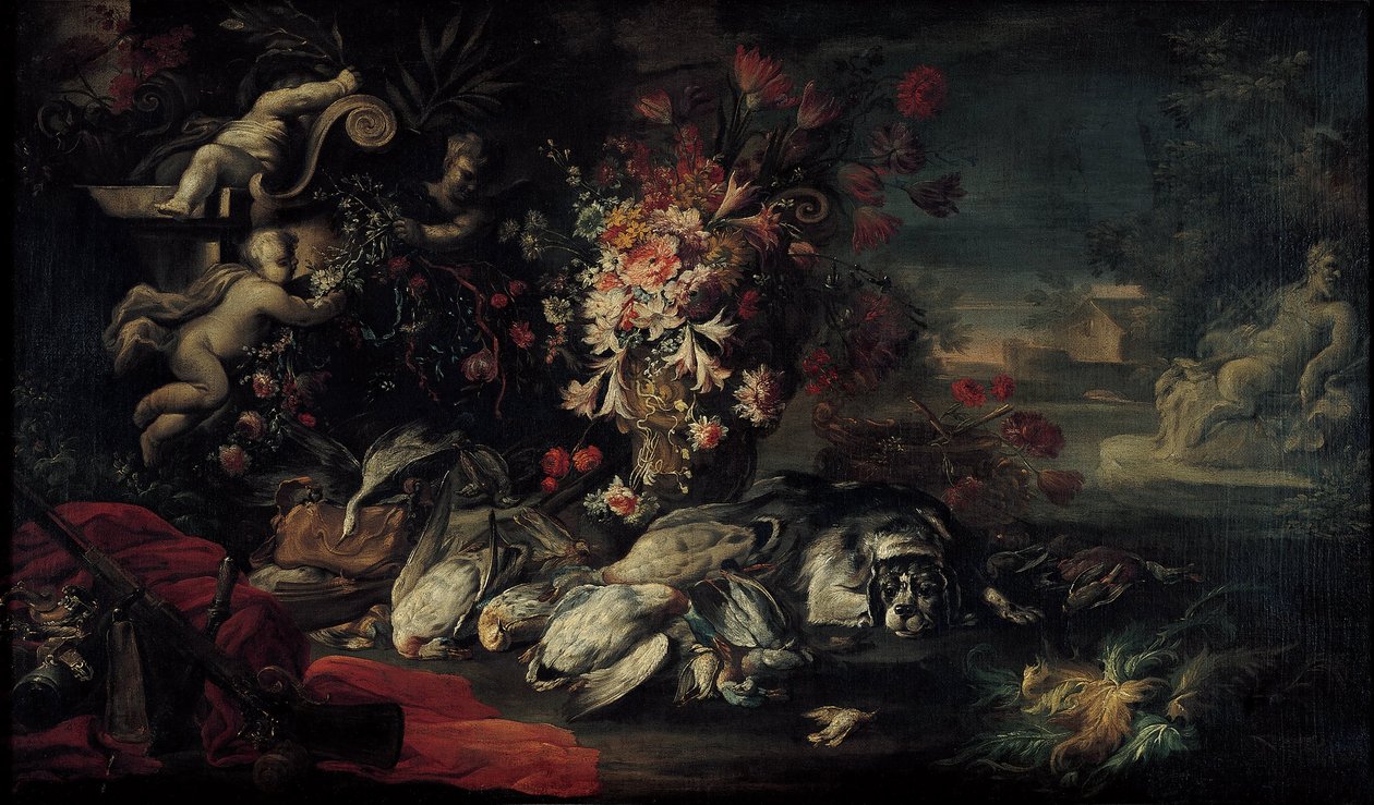 Dødsnatur med skyteutstyr og blomster II av Jean Baptiste Oudry