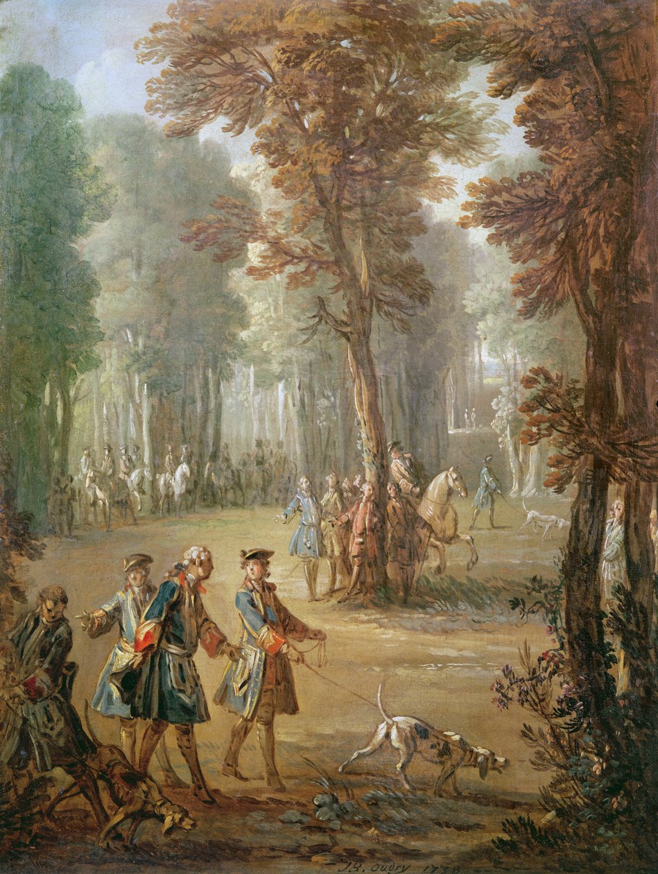 Louis XV (1710-74) og hans blodhund ved Puys, tegneserie for et billedvev, 1738 (se også 3328) av Jean Baptiste Oudry