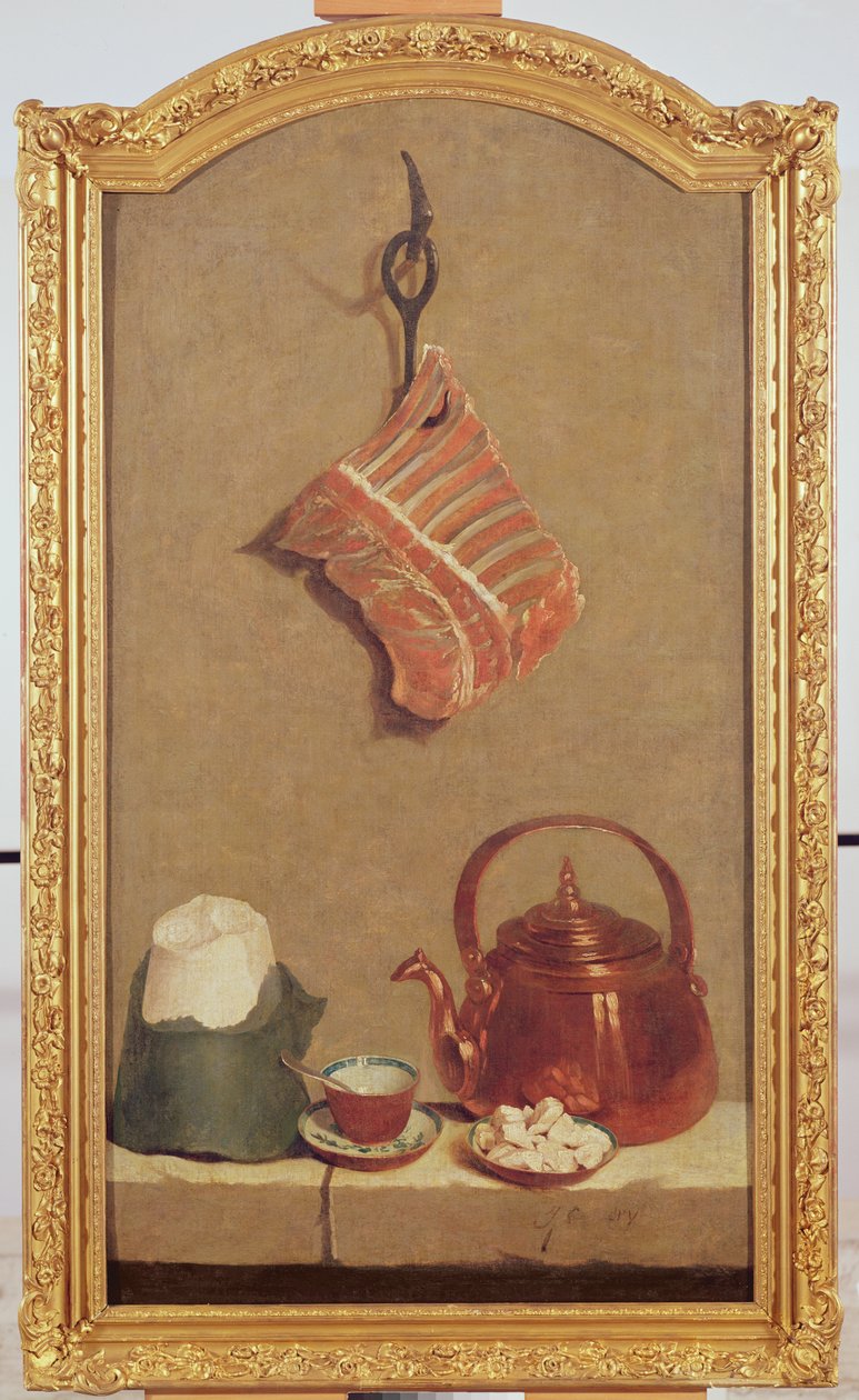 Stilleben med kjøtt, vannkoker, kopp, sukkerbrød og sukkerbiter av Jean Baptiste Oudry