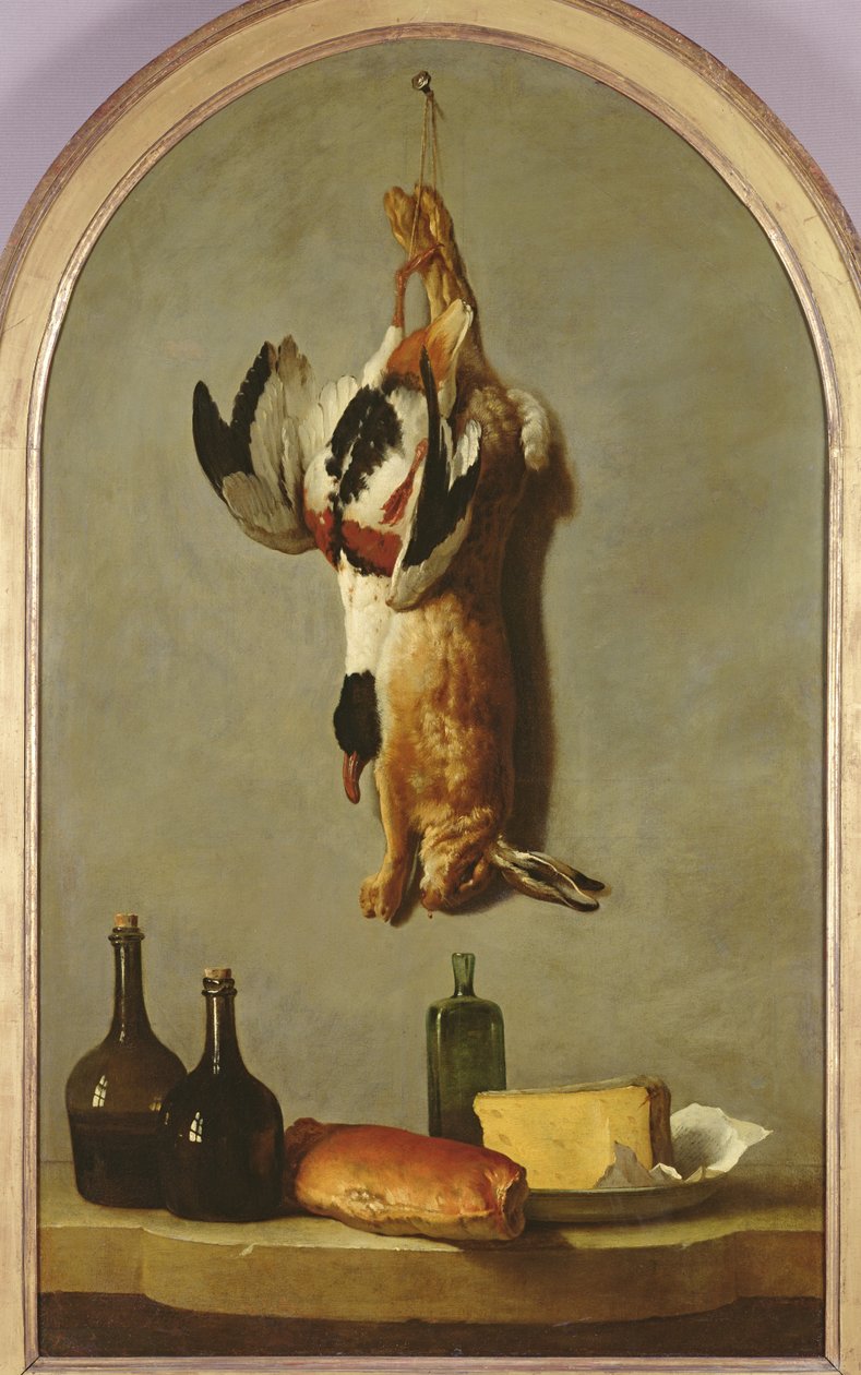 Stilleben (hare, and, flasker, brød og ost), 1742 av Jean Baptiste Oudry