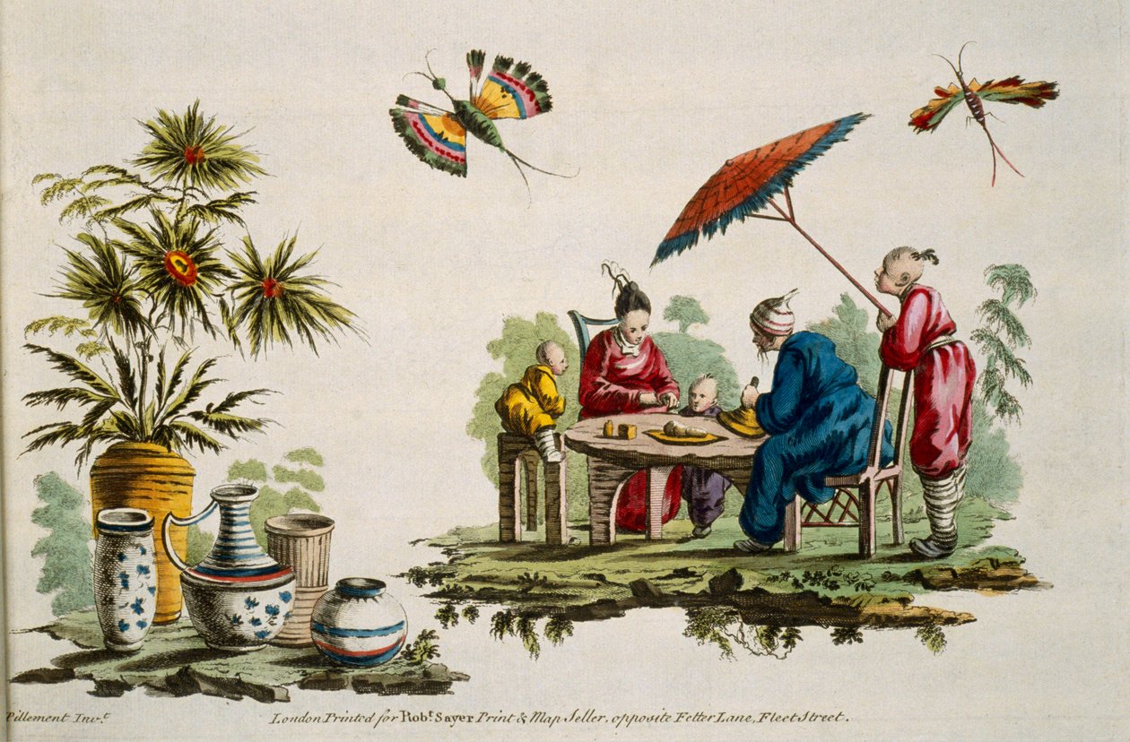 Illustrasjon som viser figurer iført japanske klær og parasoll fra For Ladies Amusement..Art of Japanning..Pillement, Jean Baptiste (1728-1808) av Jean Baptiste Pillement